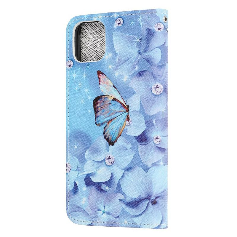 Fodral För iPhone 12 Mini Med Kedjar Rem Diamantfjärilar
