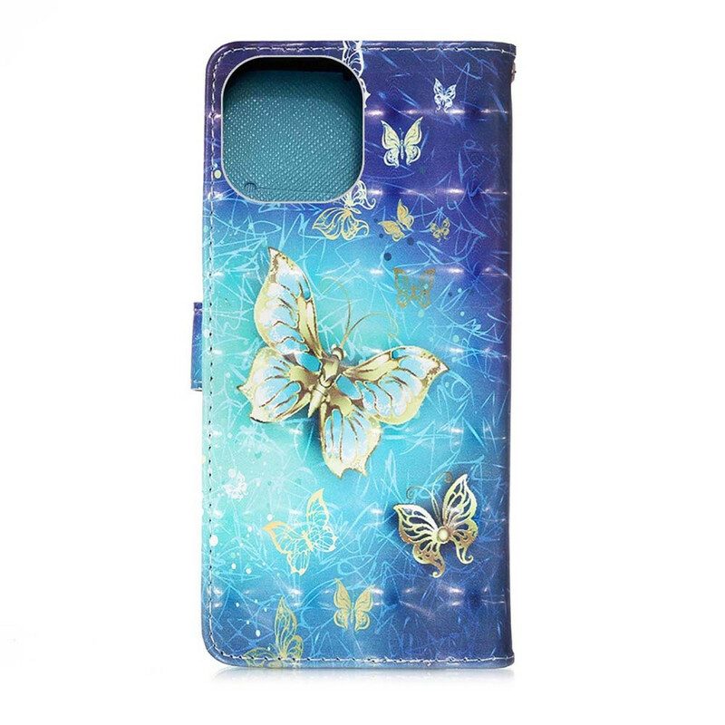 Fodral För iPhone 13 Mini Golden Butterflies Lanyard