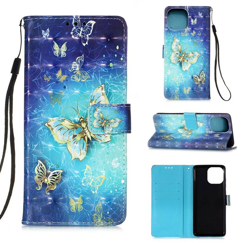 Fodral För iPhone 13 Mini Golden Butterflies Lanyard