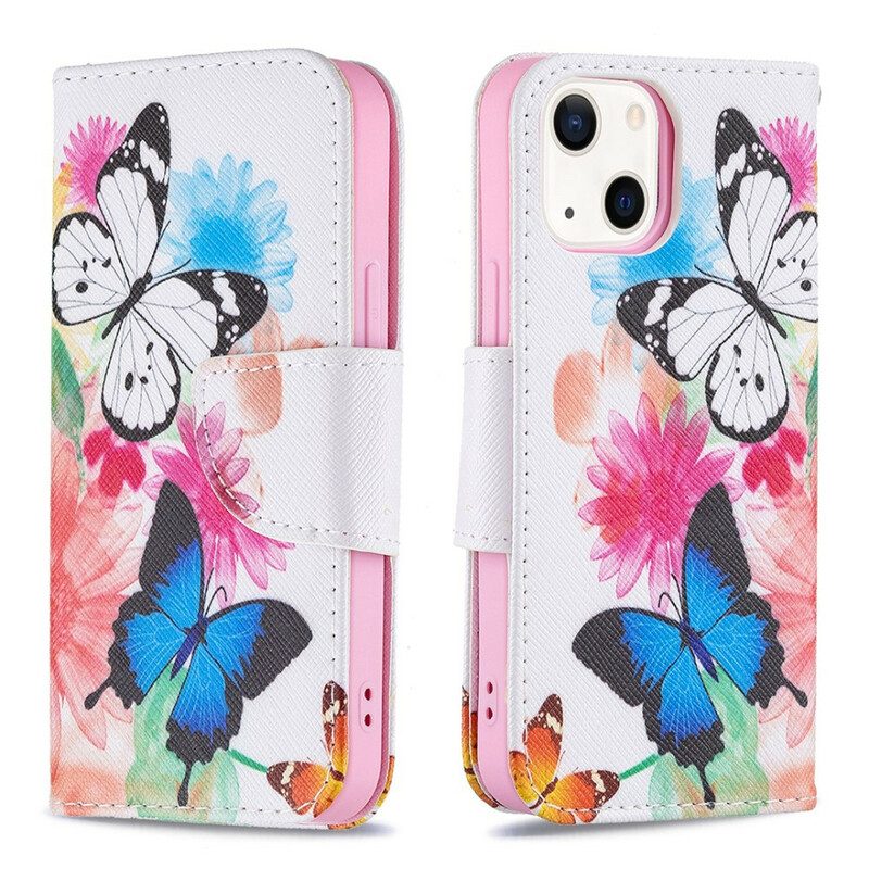 Fodral För iPhone 13 Mini Målade Fjärilar Och Blommor