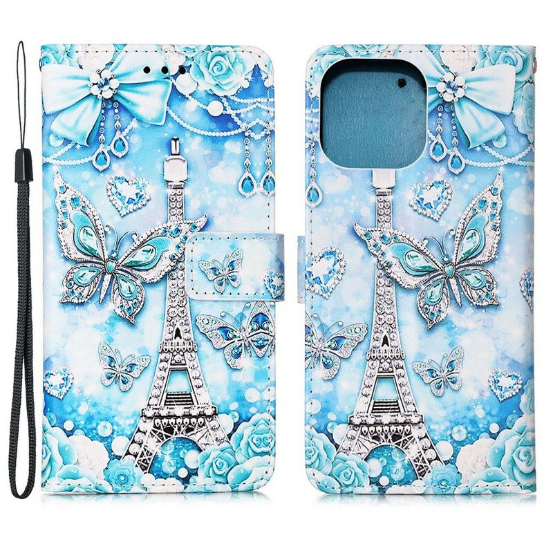 Fodral För iPhone 13 Mini Med Kedjar Eiffeltornet Fjärilsrem