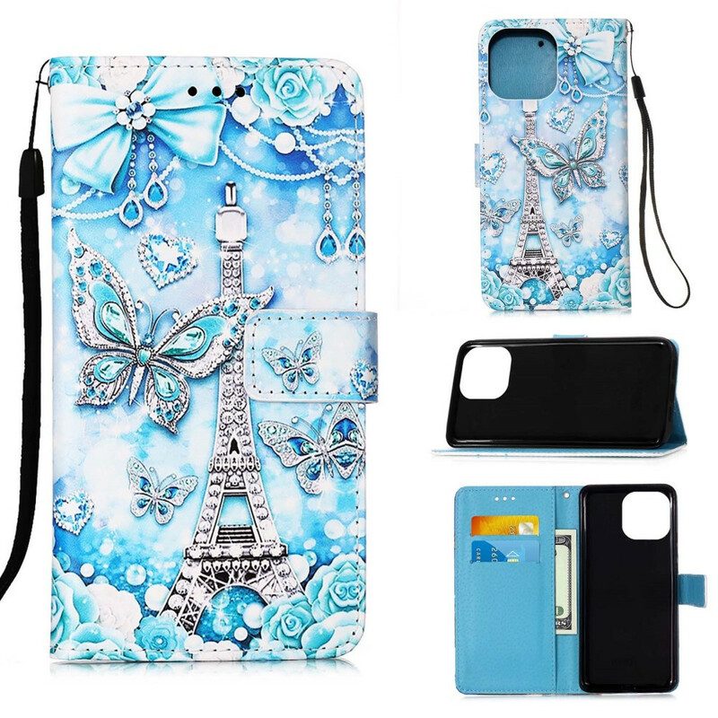 Fodral För iPhone 13 Mini Med Kedjar Eiffeltornet Fjärilsrem