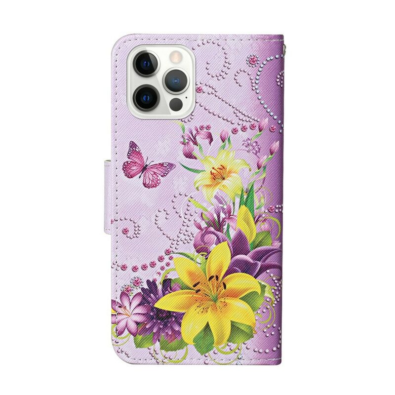 Fodral För iPhone 13 Pro Mästerliga Blommor Med Rem