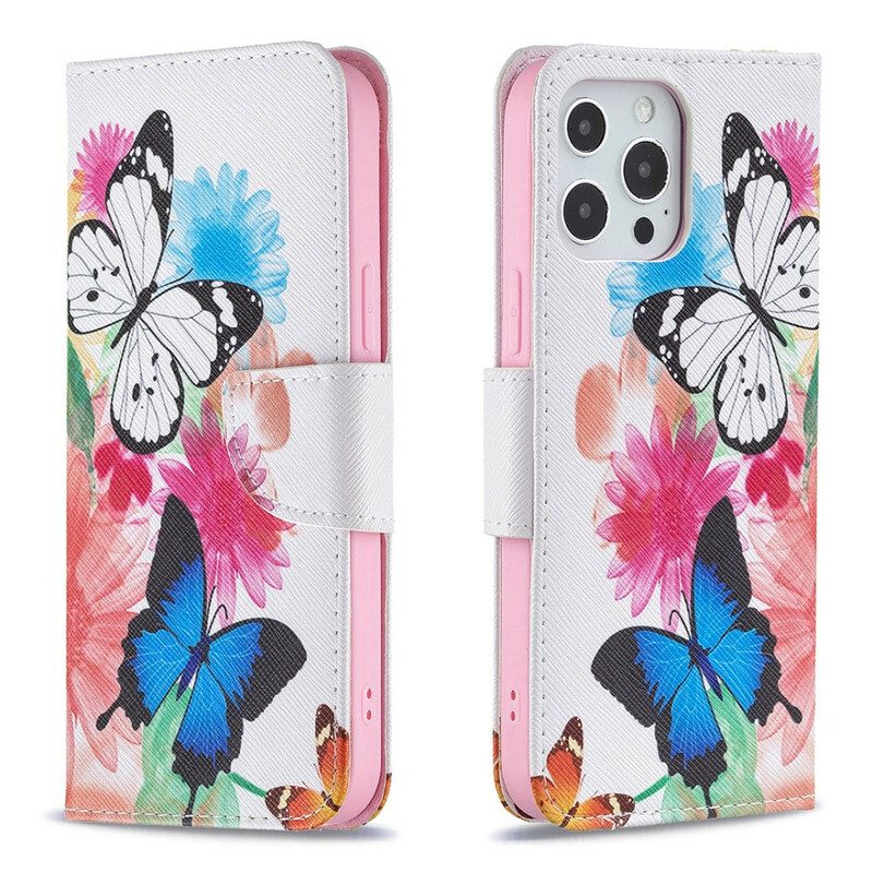 Fodral För iPhone 13 Pro Max Målade Fjärilar Och Blommor