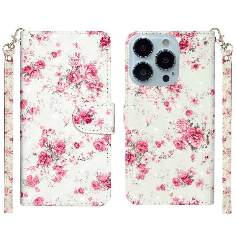 Fodral För iPhone 13 Pro Max Med Kedjar Blommor Ljusa Fläckar Med Rem