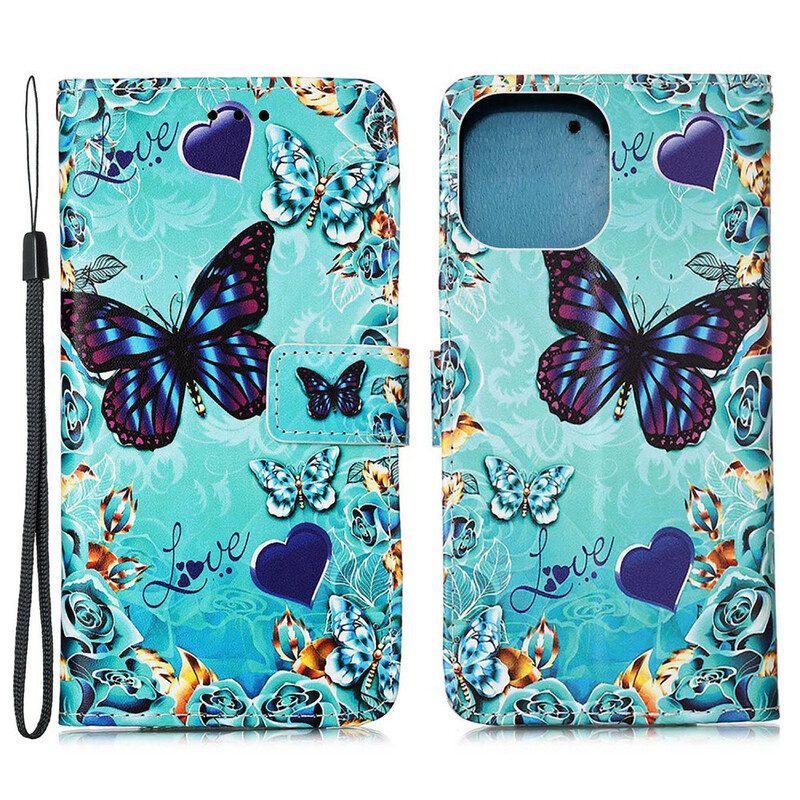 Fodral För iPhone 13 Pro Med Kedjar Älskar Fjärilar Strappy