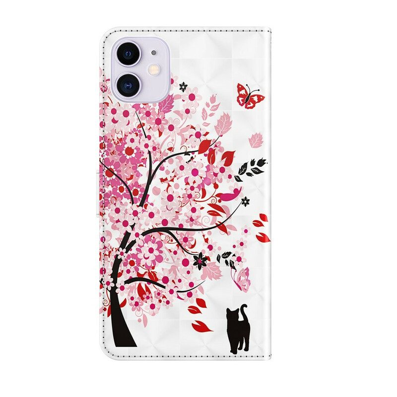 Fodral För iPhone 13 Rosa Träd Och Svart Katt