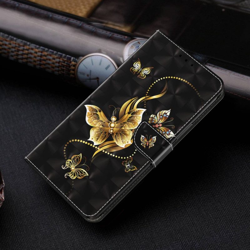 Fodral För iPhone 14 Pro Med Kedjar Gyllene Bandfjärilar