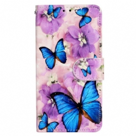 Fodral iPhone 15 Plus Med Kedjar Små Blå Fjärilar Med Rem