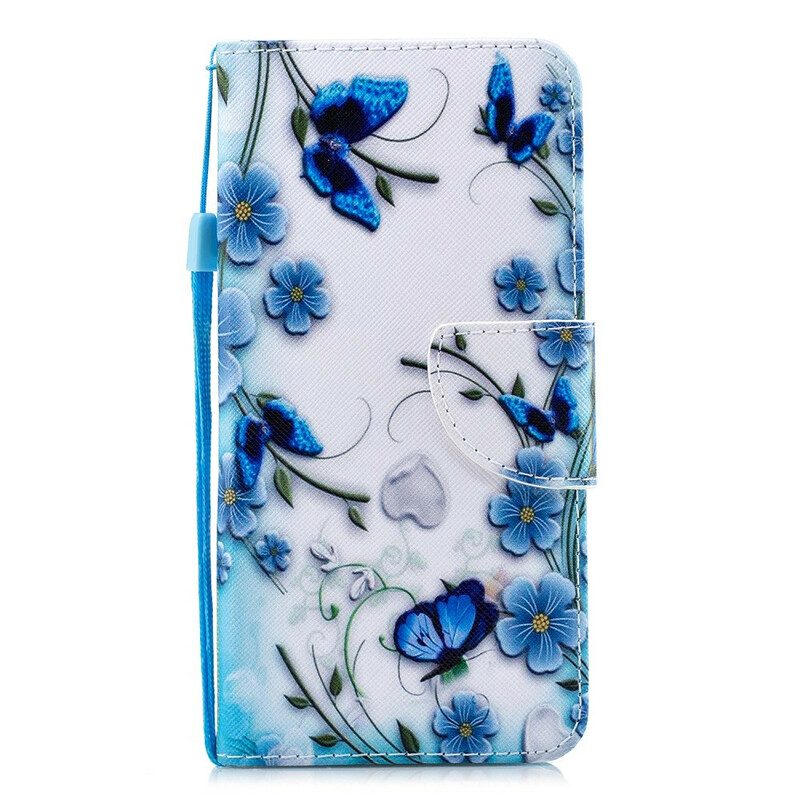 Folio-fodral För iPhone 11 Med Kedjar Fjärilar Och Blommor Med Blå Rem