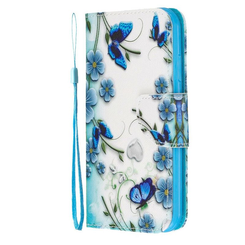 Folio-fodral För iPhone 11 Med Kedjar Fjärilar Och Blommor Med Blå Rem