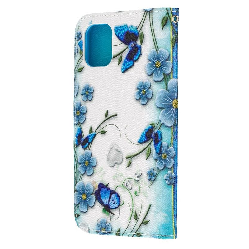 Folio-fodral För iPhone 11 Med Kedjar Fjärilar Och Blommor Med Blå Rem