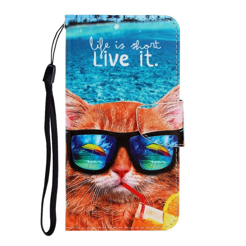 Folio-fodral För iPhone 12 Pro Max Med Kedjar Cat Live It Strappy