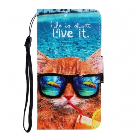Folio-fodral För iPhone 12 Pro Max Med Kedjar Cat Live It Strappy