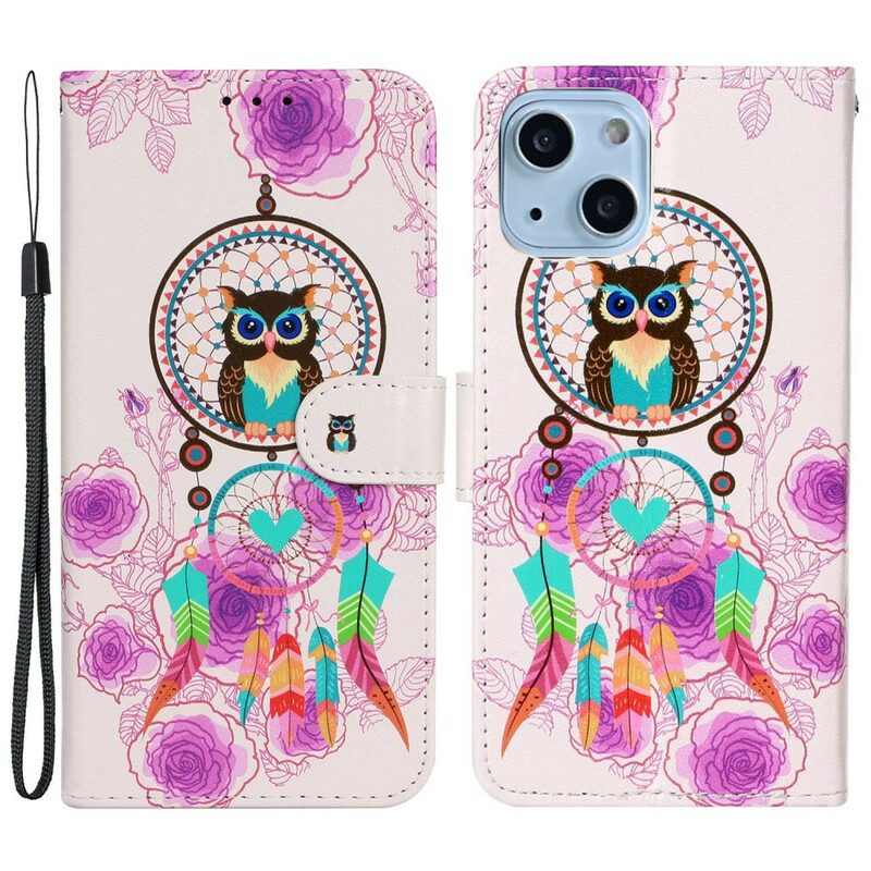 Folio-fodral För iPhone 13 Mini Med Kedjar Thong Owl Mandala