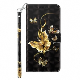 Folio-fodral För iPhone 14 Med Kedjar Gyllene Bandfjärilar