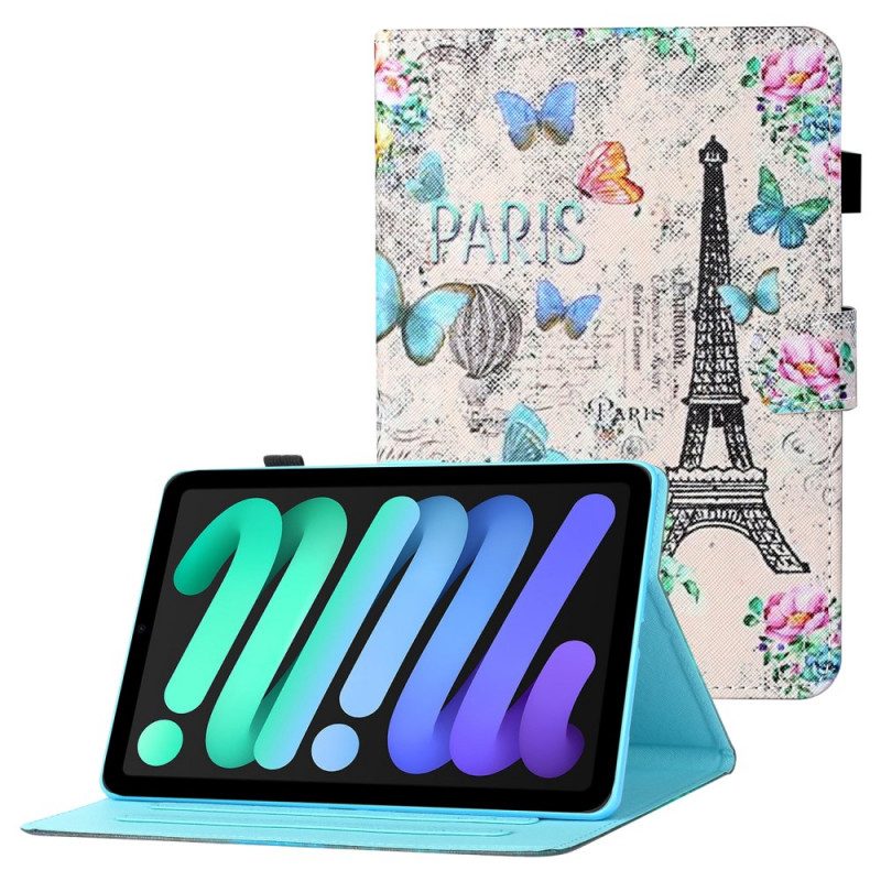 Läderfodral För iPad Mini 6 (2021) Fjärilar I Eiffeltornet