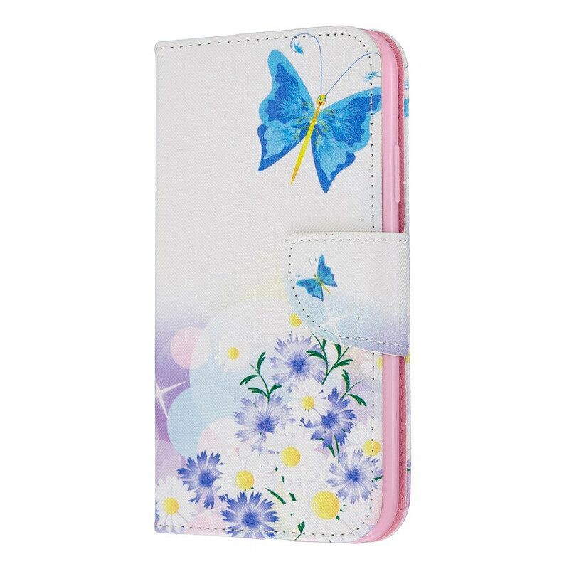 Läderfodral För iPhone 11 Målade Fjärilar Och Blommor