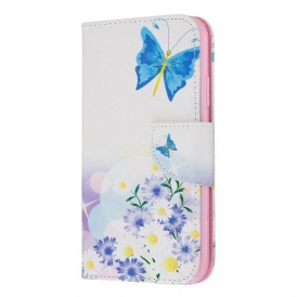 Läderfodral För iPhone 11 Målade Fjärilar Och Blommor