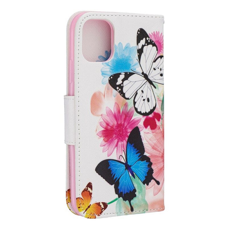 Läderfodral För iPhone 11 Målade Fjärilar Och Blommor