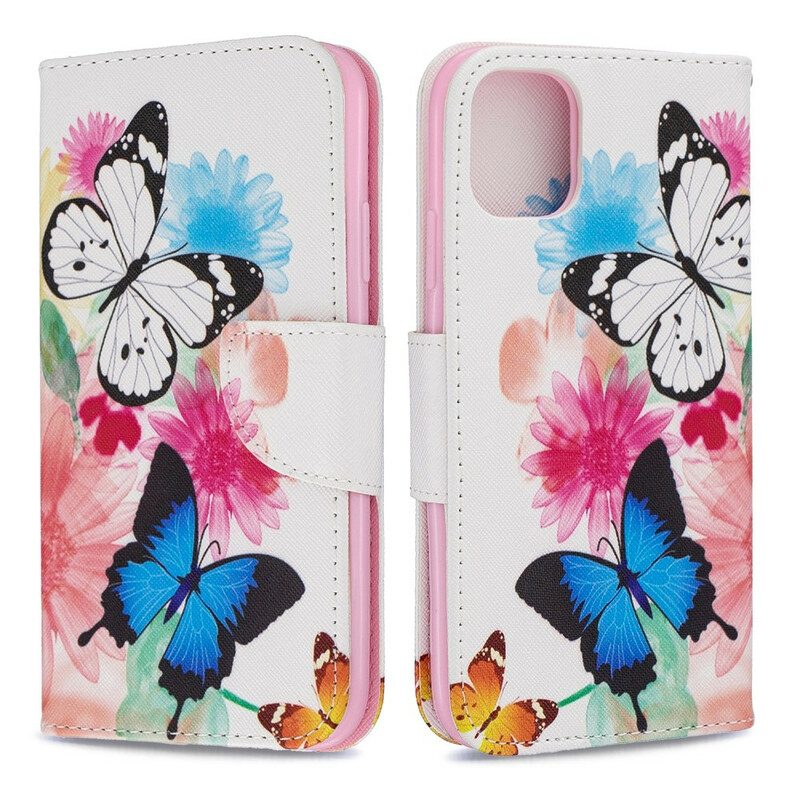 Läderfodral För iPhone 11 Målade Fjärilar Och Blommor
