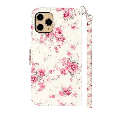 Läderfodral För iPhone 11 Pro Max Med Kedjar Blommor Ljusa Fläckar Med Rem