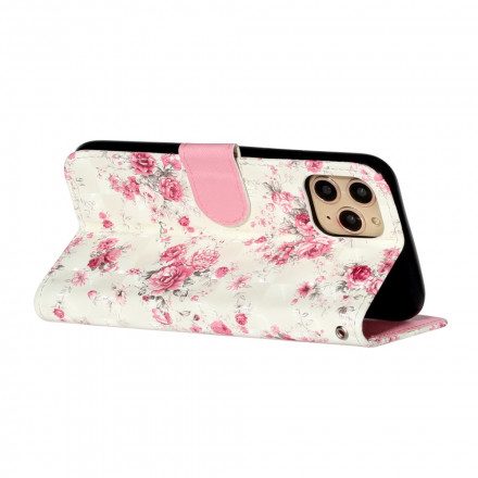 Läderfodral För iPhone 11 Pro Max Med Kedjar Blommor Ljusa Fläckar Med Rem