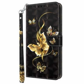Läderfodral iPhone 15 Pro Med Kedjar Gyllene Fjärilar Med Rem