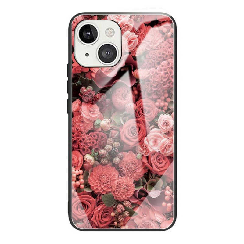 Mobilskal För iPhone 13 Rosa Blommor I Härdat Glas