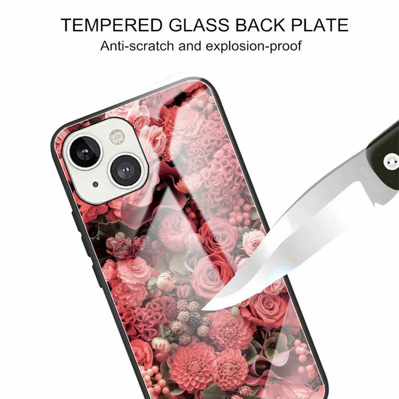 Mobilskal För iPhone 13 Rosa Blommor I Härdat Glas