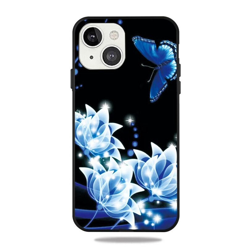 Skal För iPhone 13 Fjäril Och Blå Blommor