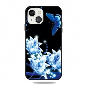 Skal För iPhone 13 Fjäril Och Blå Blommor