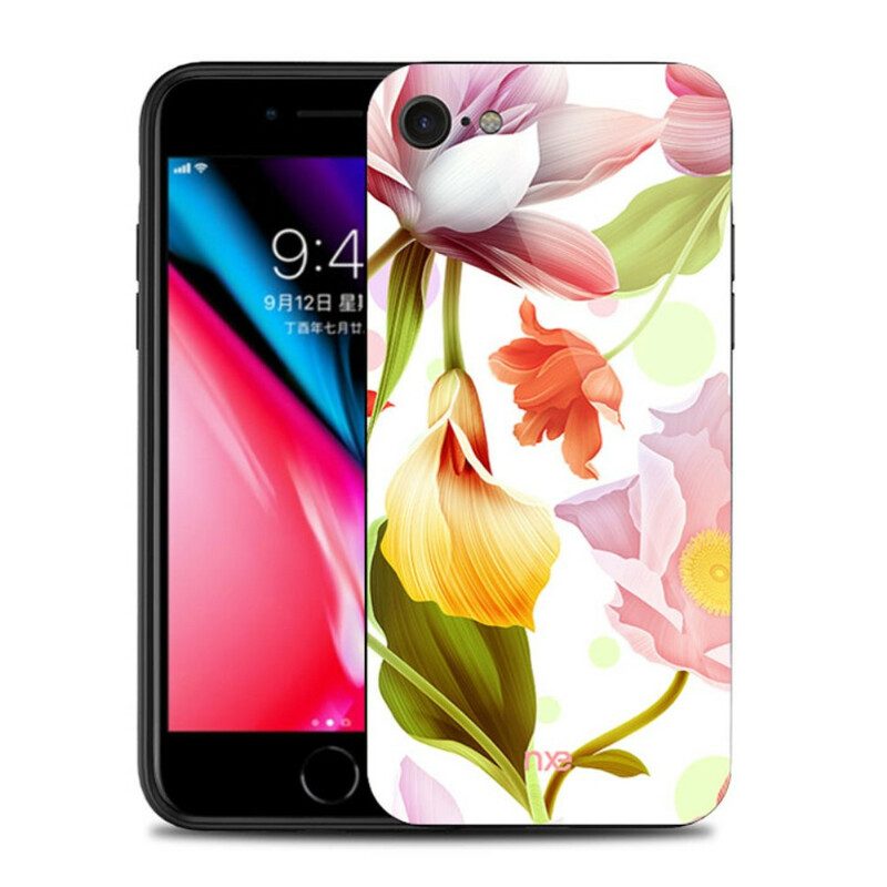 Skal För iPhone SE 3 / SE 2 / 8 / 7 Glas Och Silikonblommor Nxe