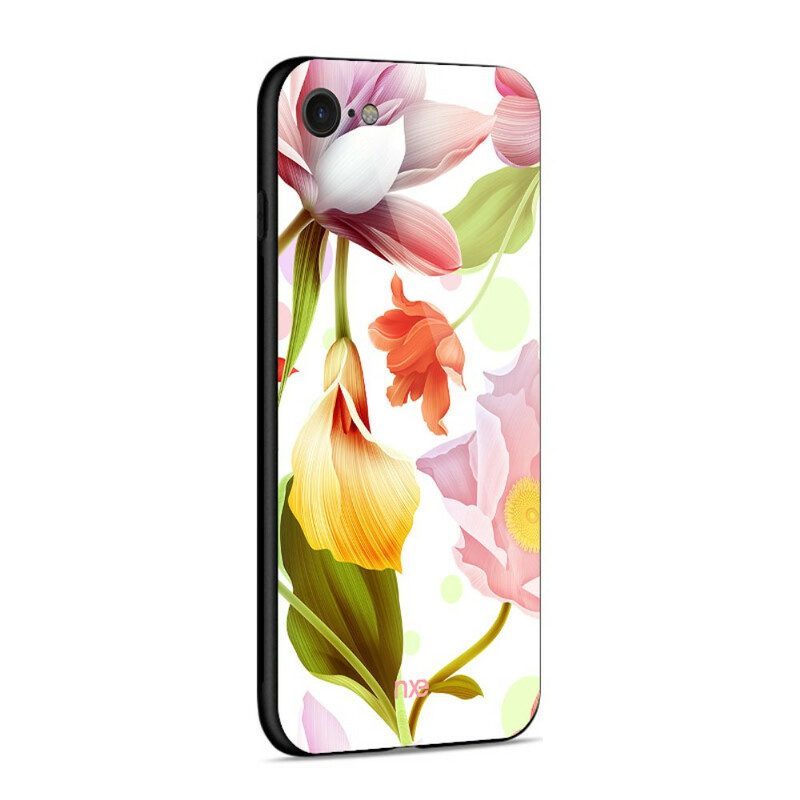 Skal För iPhone SE 3 / SE 2 / 8 / 7 Glas Och Silikonblommor Nxe