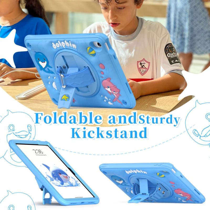 Skal iPad (2025) Roterande Stativ Med Delfin Och Rem För Barn