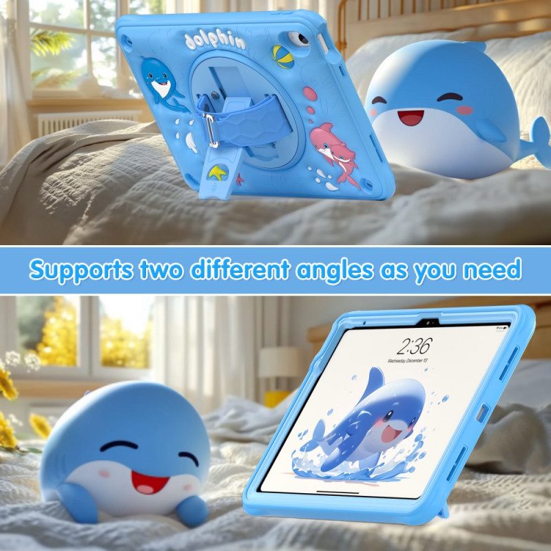 Skal iPad (2025) Roterande Stativ Med Delfin Och Rem För Barn