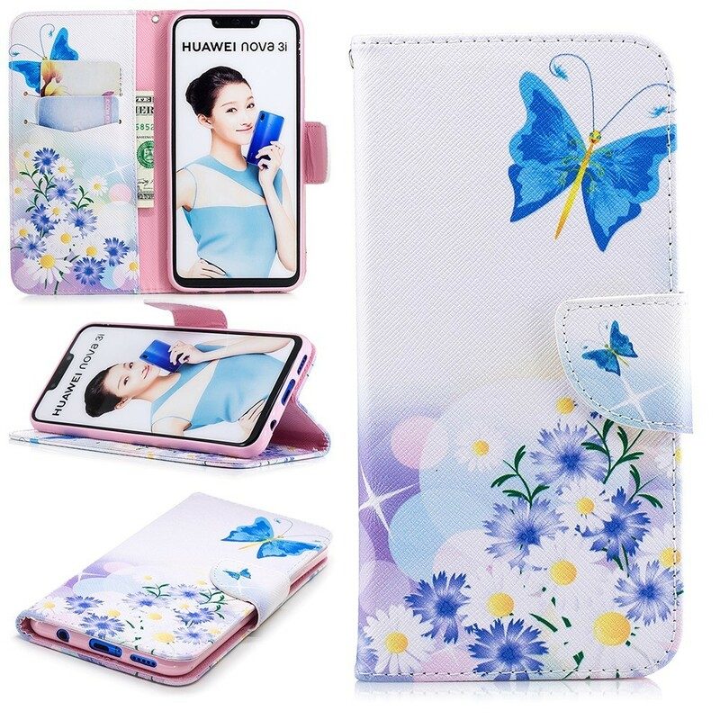 Fodral För Huawei P Smart Plus Målade Fjärilar Och Blommor