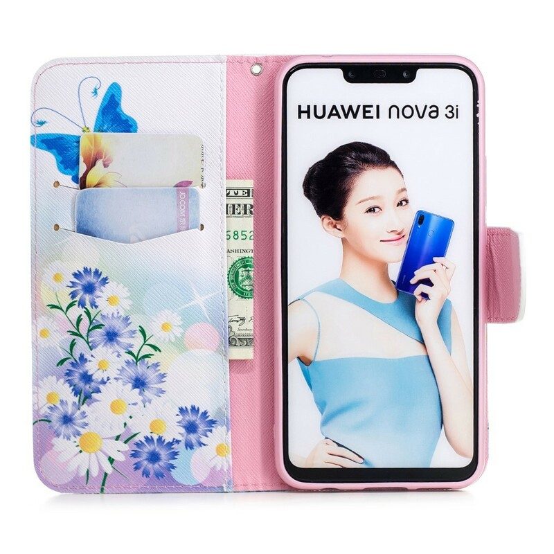 Fodral För Huawei P Smart Plus Målade Fjärilar Och Blommor