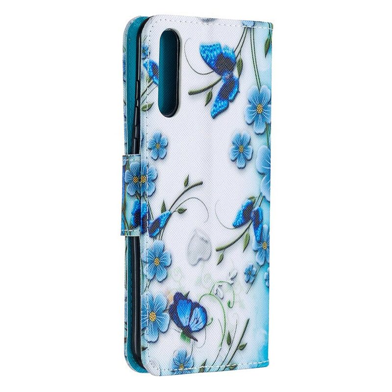 Fodral För Huawei P Smart S Med Kedjar Fjärilar Och Blommor Med Blå Rem