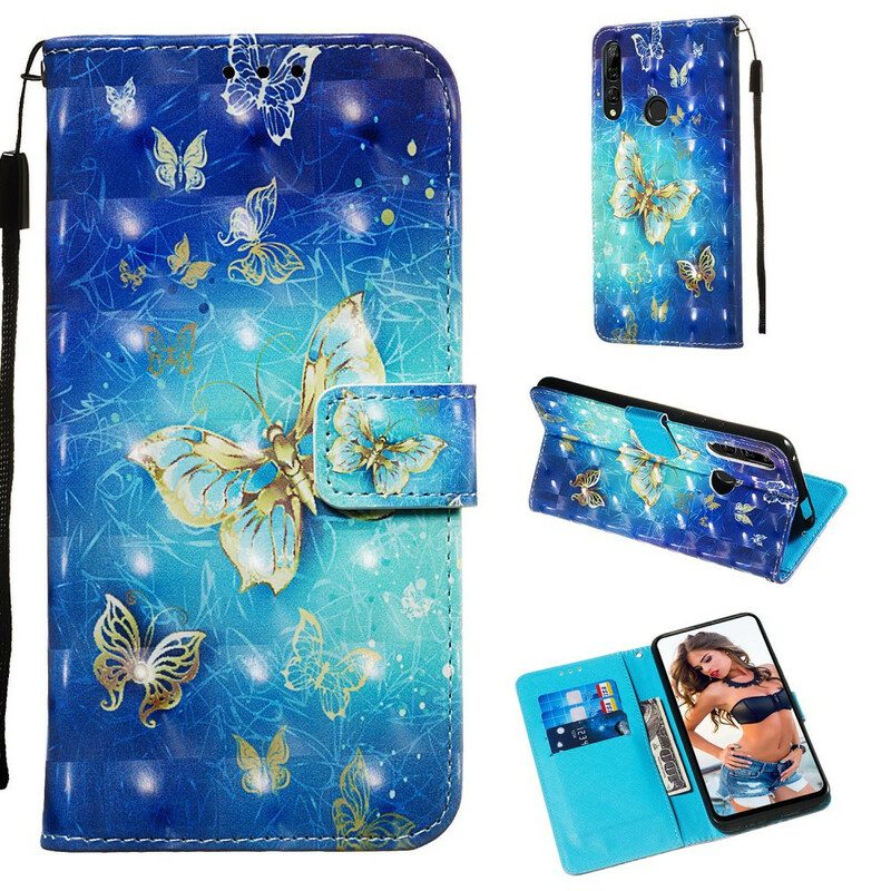 Fodral För Huawei P Smart Z / Honor 9X Med Kedjar Fjärilar Med Gyllene Band