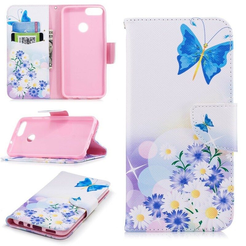 Folio-fodral För Huawei P Smart Målade Fjärilar Och Blommor