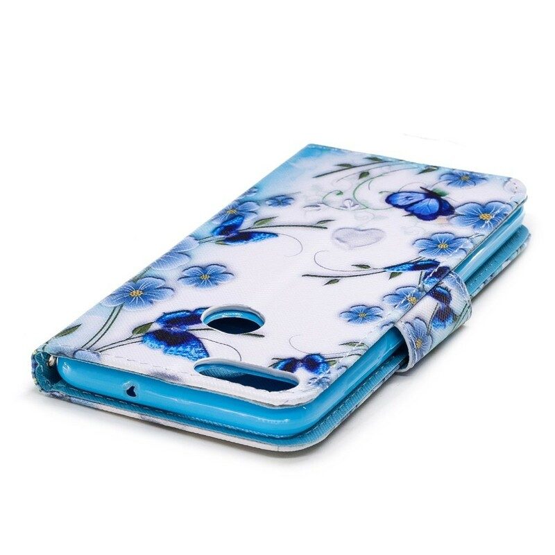 Folio-fodral För Huawei P Smart Med Kedjar Fjärilar Och Blommor Med Blå Rem