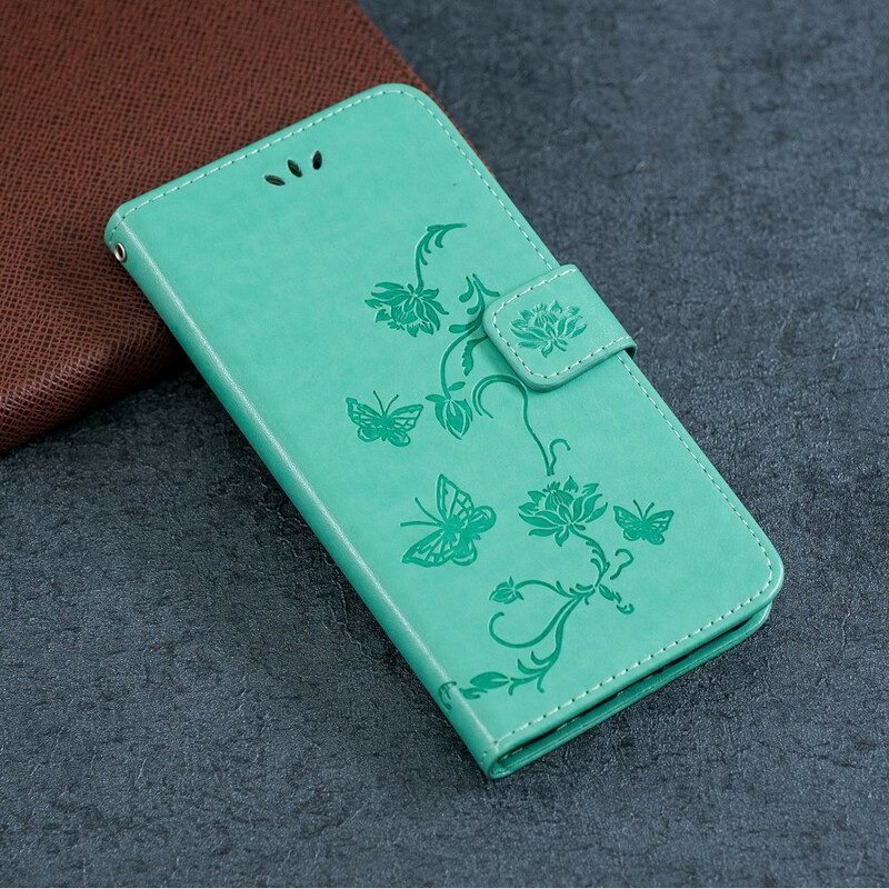 Folio-fodral För Huawei P Smart S Med Kedjar Thongfjärilar Och Blommor