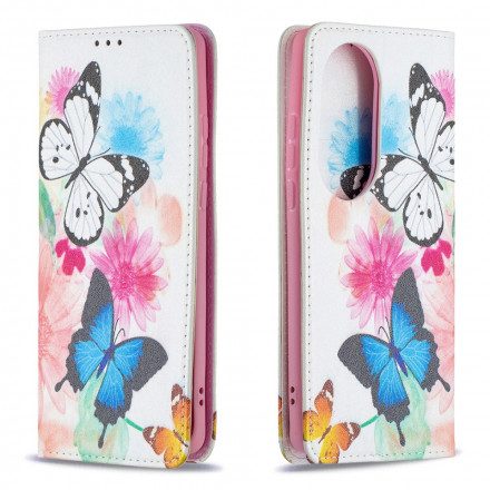 Folio-fodral För Huawei P50 Pro Läderfodral Färgglada Fjärilar