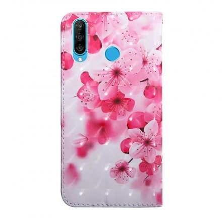 Läderfodral För Huawei P30 Lite Rosa Blommor