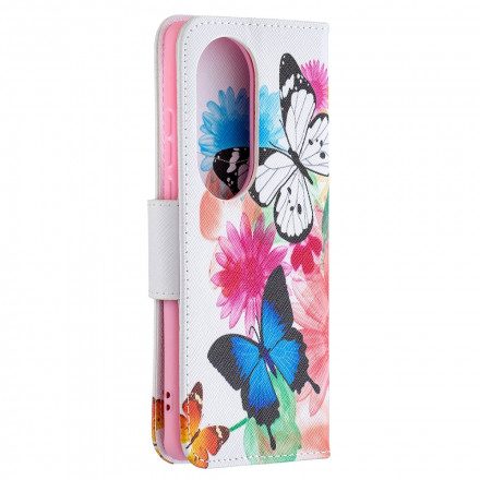 Läderfodral För Huawei P50 Pro Målade Fjärilar Och Blommor