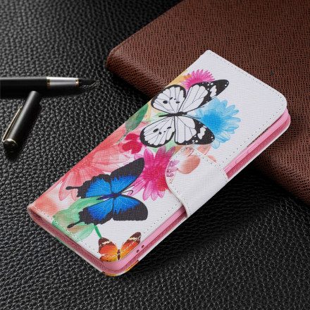 Läderfodral För Huawei P50 Pro Målade Fjärilar Och Blommor