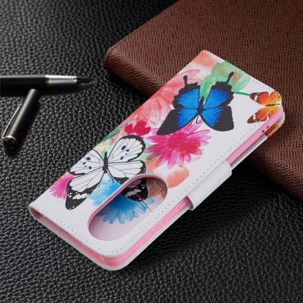 Läderfodral För Huawei P50 Pro Målade Fjärilar Och Blommor