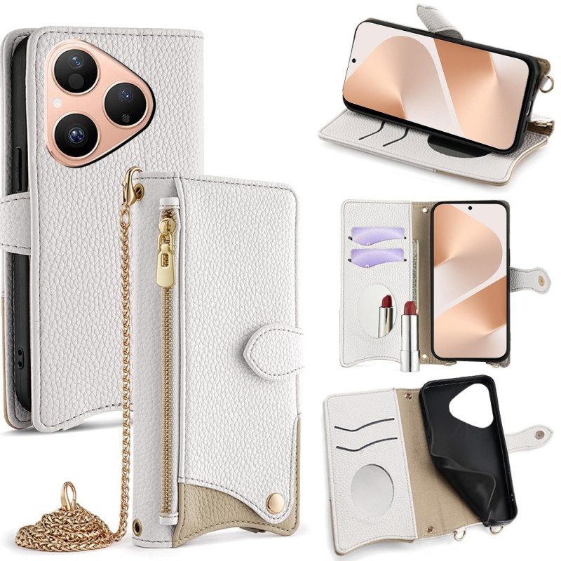 Läderskal Fodral Huawei Pura 80 Plånbok Med Kedja