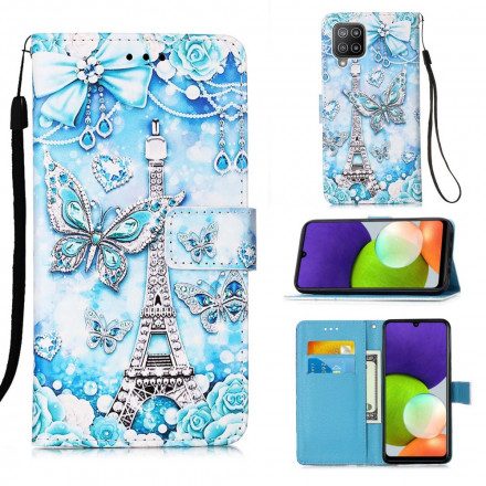 Fodral För Samsung Galaxy A22 4G Med Kedjar Eiffeltornsfjärilar Med Rem